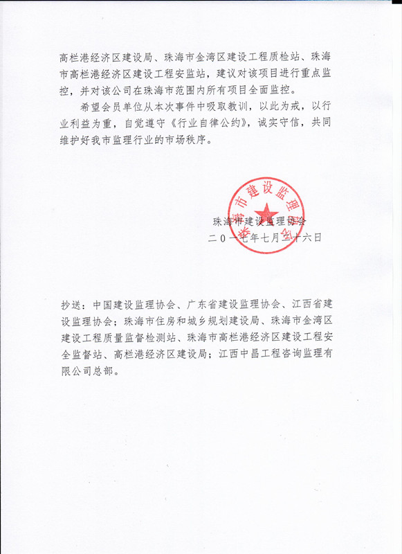 关于对江西中昌工程咨询监理有限公司违反行业自律公约低价中标的通报